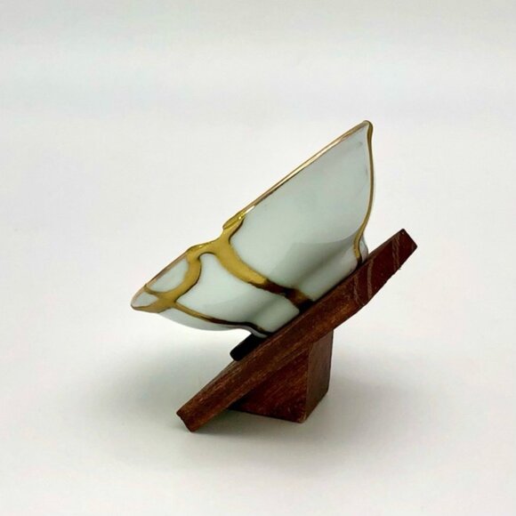 Kintsugi Bowl Chinese Vtg Jingdezhen Mini Gold Crack Japanese Art Growth Gift - Picture 7 of 11